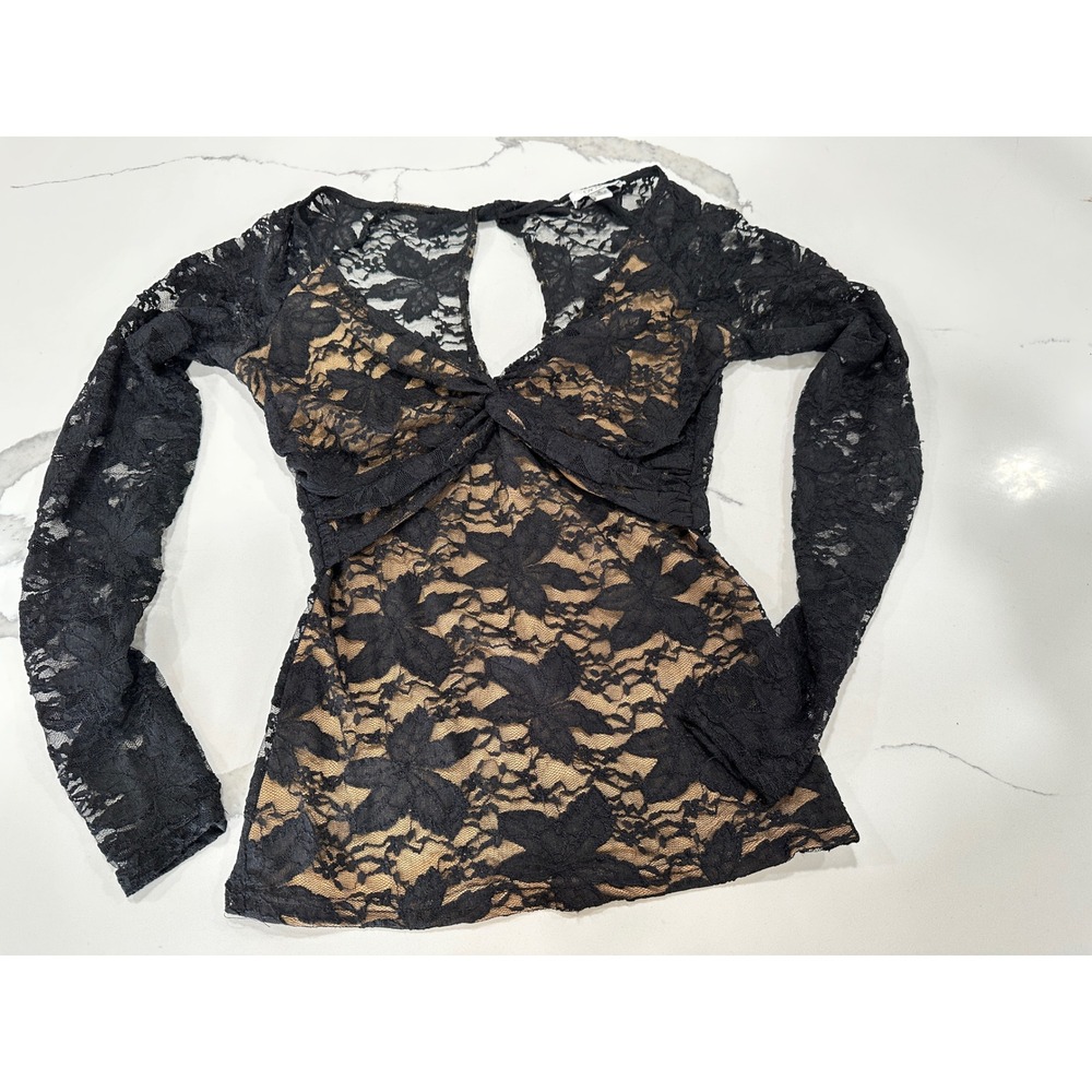 Black Floral Lace Top S‎ Tan Lined Keyhole Back Cache L/S